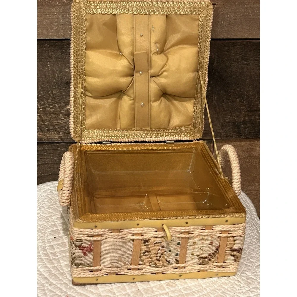 VTG Wicker Embroidered Floral Tapestry Woven Sewing Basket padded satin interior